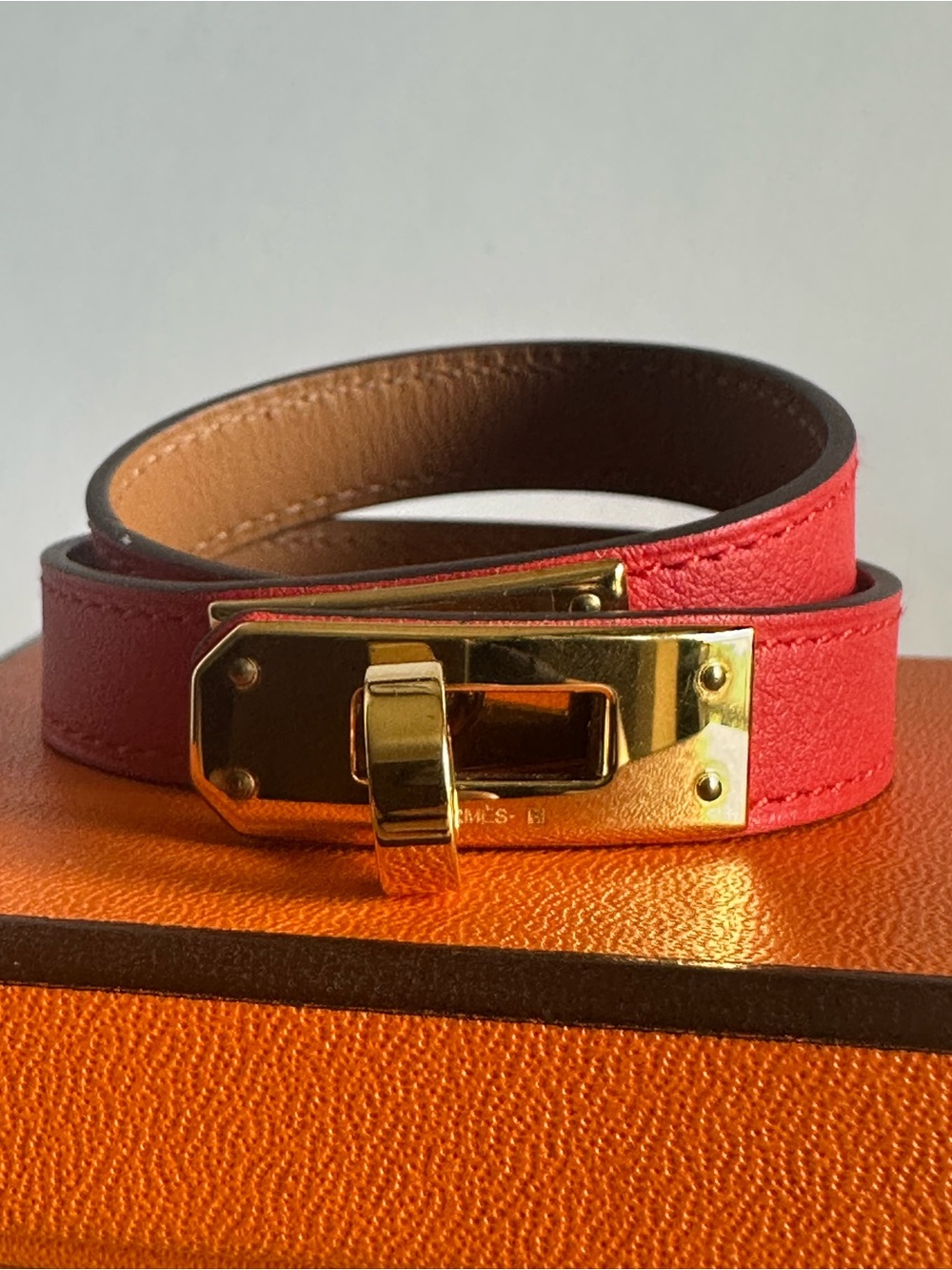 Hermès Kelly Double Tour Leather Bracelet Coral Red Gold Hardware Size S w/ Box